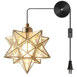 AECBUY Gold Ceiling Pendant Hanging Lamp, Metal and Clear PVC Star Pendant Light, Vintage Hanging Lamp Plug in Cord and Switch for Dining Room Living Room Bedroom