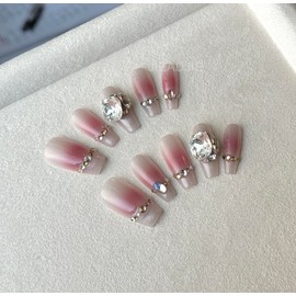 JIEADJIE Press On Nails (100% Handmade),Mid-Length T,Mid-Length Almond,Handmade Painted Nail Art by Nail Technician,Daily Style (Red blush, Medium)