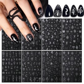 OSTTMA 8 Sheets Metallic Nail Art Stickers Decals Silver Moon Star Sun