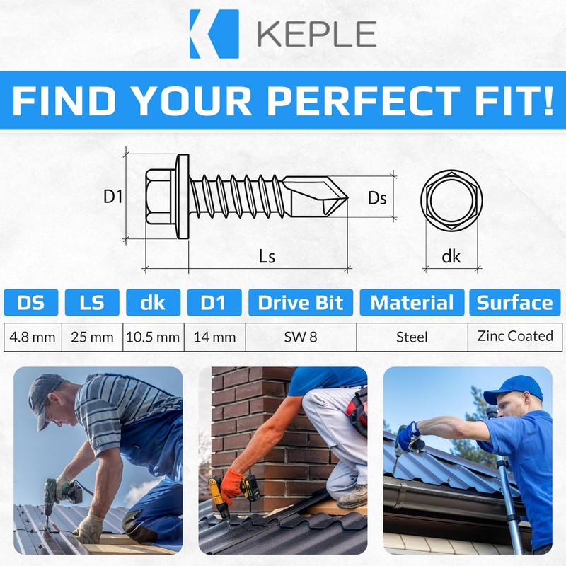 4.8 mm x 35 mm Roofing Screws, Hex Head Self-drilling
