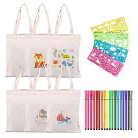 Sonwaha 6 Pieces Fabric Bags for Painting for Children Bags for Painting Set with 18 Watercolour Pens and 4 DIY Painting Stencils for Children's Birthday School Party Celebration Gift