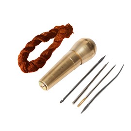 Copper Handle 4 Needles Sewing Awl Hand Stitcher Shoe Repair Tool Kit with 9m Nylon Cord Thread for DIY Sewing Repairing Canvas Leather (Gold +Brown)