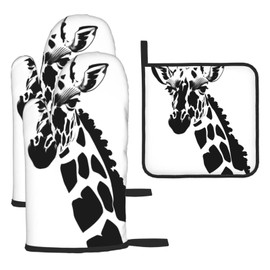 WHJYMX Kitchen Baking Three Piece Set - Oven Mitts and Pot Holders Sets for Microwave and Outdoor Grilling Black and White Giraffe Printing