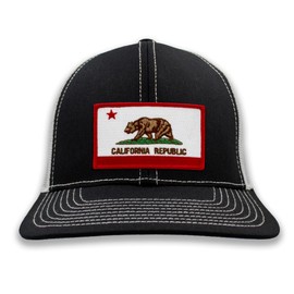 PATCHTOWN California State Flag Hat - Embroidered Flag Patch - Ball Cap or Trucker Hat (Cotton Blend, Black with White Mesh)