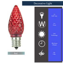 DYSMIO Decorative Colored Christmas Replacement LED Light Bulb 0.4 W, 120 V, C9 Type Bulb Design, Commercial Grade E 17 Socket with Damp Rating Red, 6 Pack