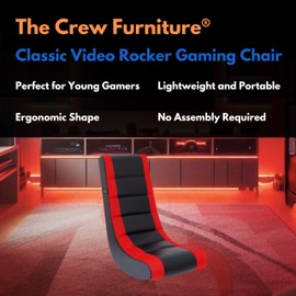 The Crew Furniture The Crew Furniture Classic Video Rocker Floor Gaming Chair, Kids and Teens, Racing Stripe PU Faux Leather & Polyester Mesh, Black/Red