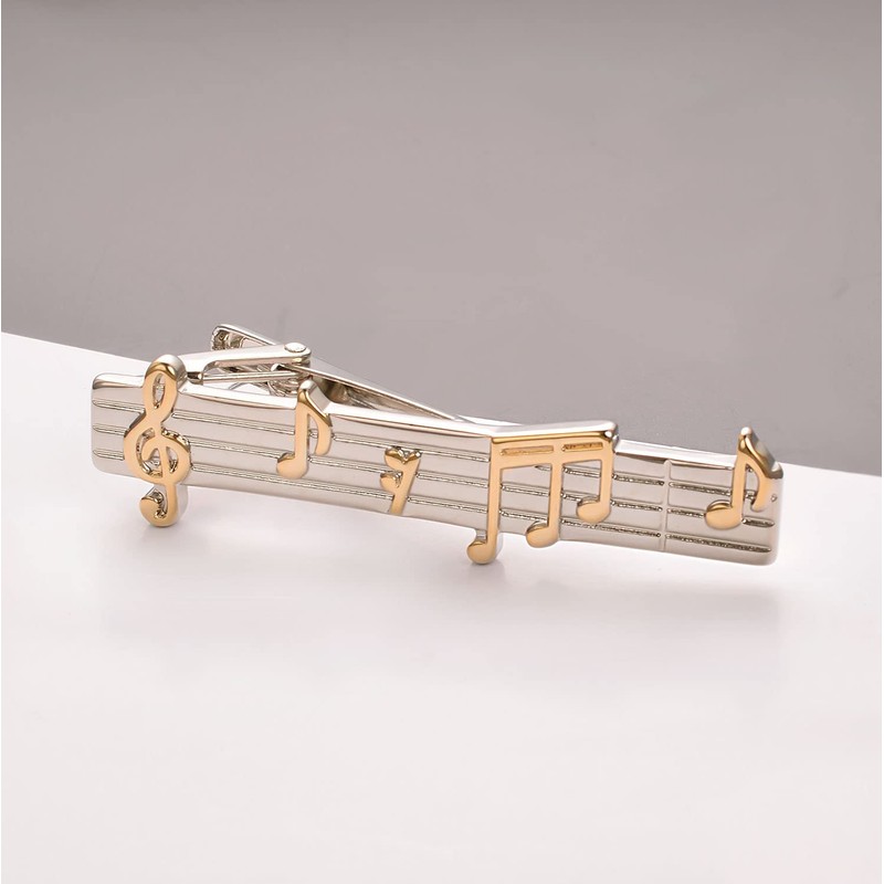 RunootPR 2-piece Set Men's Music Note Tie Clip, Silver Black