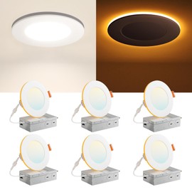 Amico 6 Pack 4 Inch 5CCT LED Recessed Ceiling Light with Night Light, 2700K/3000K/3500K/4000K/5000K Selectable Ultra-Thin Recessed Lighting, 10W=90W, 700LM, Dimmable Canless Wafer Downlight - ETL&FCC