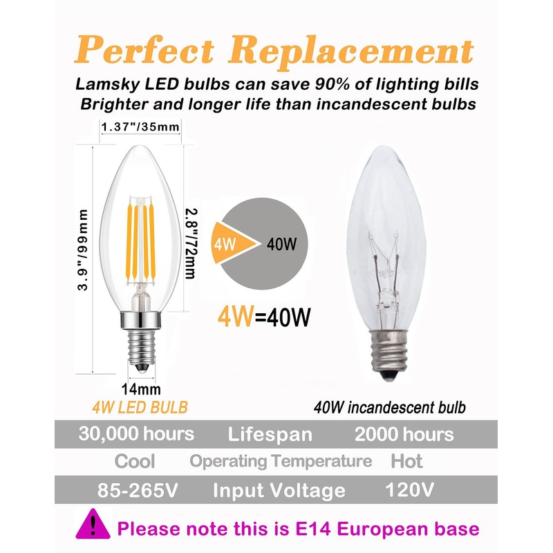Lamsky E14 LED Bulb European Base 4W LED Chandelier Light