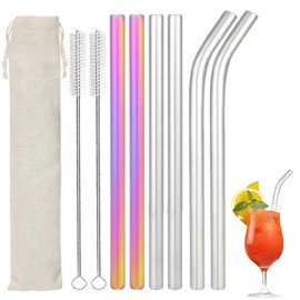 Metal Wide Straws Drinking 6packs, Stainless Steel Straws Reusable for Milkshake, Boba, Bubble Tea, Smoothie, Long Bendy Straws Set with Cleaning Brush Included
