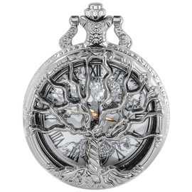 Tiong Silver Hollow Tree of Life Design Pocket Watch Roman Numerals Quartz Pocket Watches with Chain Necklace for Men Women