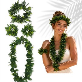 4Pcs Green Hawaiian Leis Set, Artificial Leaf Lei Garland Necklace with Headband and Wristbands Soft Hula Costume Accessories for Luau Party Tropical Jungle Theme Graduation Beach Party for Women Kids