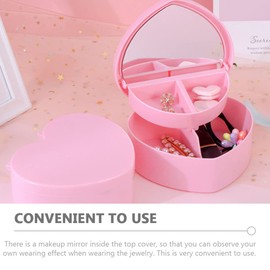 Cabilock 4 PCS Heart Shape Double Layer Jewelry Box with Mirror, Portable Jewelry Organizer Case for Earrings Rings Necklaces Desk Topper Organizer, Pink