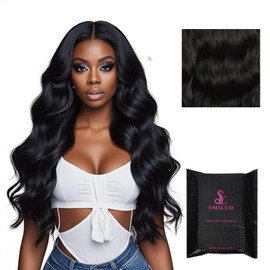 Smilco 28 Inch Jet Black Body Wave 13x4 Lace Front Wig - Glueless Synthetic Hair with Natural Density, Heat Resistant for Daily/Party/Stage Events (9601-SM)