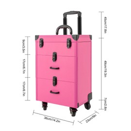 YIYIONCE Cosmetology Case on Wheels 3-Tiers Rolling Makeup Train Case Cosmetic Trolley Case with Drawers & Black Locks Tattoo Travel Case Nail Tech Travel Case for Makeup-Artists (Rose Red)| US STOCK