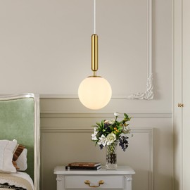 FDPBY Modern Hanging Light Fixture Pendant Lighting for Kitchen Island Mid Century Gold Pendant Lights with Globe Milky White Glass Pendant Light for Bedroom Bathroom Entryway (1 Pack)