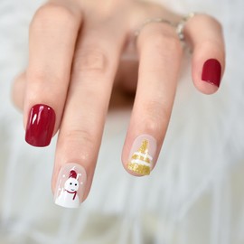 ELEVENAIL Christmas Snowman Press On Nails with Pre-design Golden Glitter Tree Short Squoval False Nail Art Tips Salon DIY Reusable Acrylic Manicure Gifts Stick On Fake Nails for Women Girls