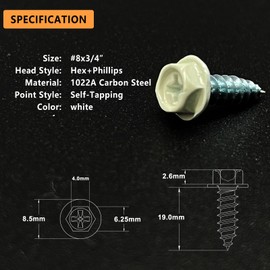 Allkeen #8 x 3/4" Self-Tapping Gutter Screws White Painted Hex Head Zinc Plated Finish, 100 Pieces, 1/4" Magnetic Driver Included