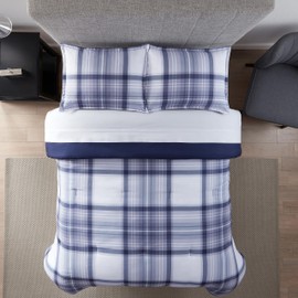 Serta Simply Clean Scott Soft Modern 2 Piece Plaid Comforter Set with Pillow Case for All Season, Twin XL, Blue