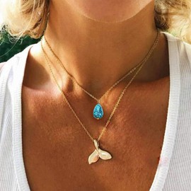 TseenYi Boho Turquoise Pendant Necklace Chain Layering Gold Mermaid Tail Necklaces Beach Charm Necklaces Jewelry for Women and Girls