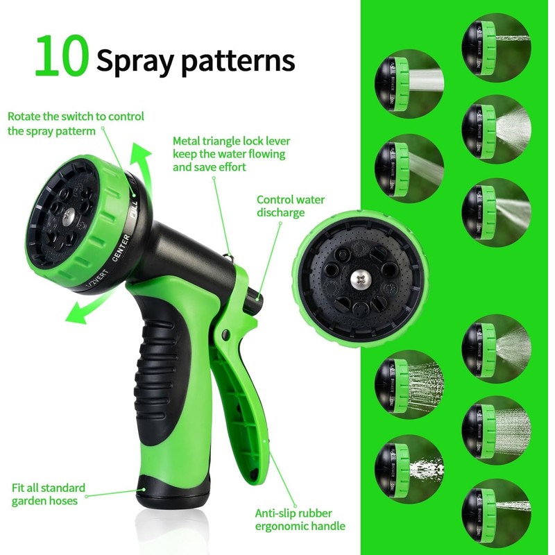 Gartenschlauch mit 10 multifunktionalen Düsen, verhedderungsfrei, flexibel, robust, grün (20