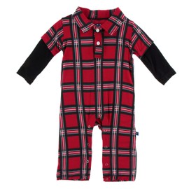KicKee Pants Little Boys Print Long Sleeve Double Layer Polo Romper - Christmas Plaid 2019, 12-18 Months