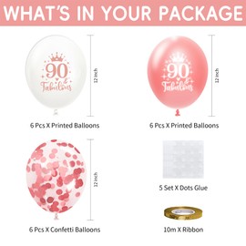 HYOWCHI Rose Gold 90th Birthday Party Balloons Decorations for Women, 18pcs 90 and Fabulous Printed Latex Balloons, Happy 90-Year-Old Birthday Party Supplies for Her