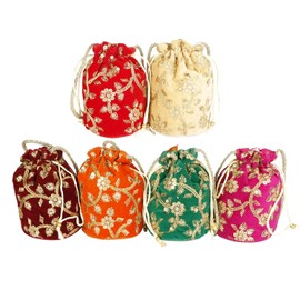 LONGING TO BUY Indian Velvet Potli (Pack of 6 Potli Bag in assorted colors), Jwelery Pouch, Coins Pouch, Small