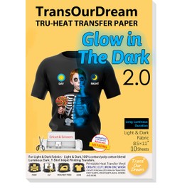 TransOurDream Glow in The Dark Blue Iron on Heat Transfer Paper for T Shirts (10 Sheets, 8.5x11 inch) Printable Heat Transfer Vinyl for Inkjet Printer Light and Dark Cotton Fabrics (GD2-10)