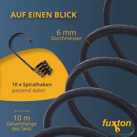 fuxton® Rubber Cord (6 mm x 10 m + 10 Spiral Hooks), Expander Rope, Rubber Lead, Bungee Cord Marine, Tension Rubber, Sold by the Metre, Black