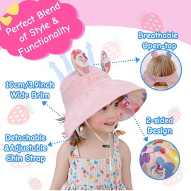 Kids Wide Brim Sun Hat Visor Adjustable Bucket Hat Foldable Double-Sided Pattern for Girls(Bunny Pink)