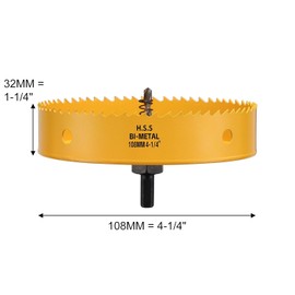 4-1/4 Inch Hole Saw for Recessed Lights, 108mm Bi-Metal Hole Saw for Wood, 32mm Cutting Depth Hole Cutter with Arbor for Soft Metal, Drywall and Plastic, Yellow