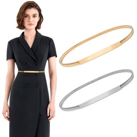 Women Skinny Metal Elastic Belt, Gold Waistband Stretch Chain Belt, Gold and Silver Waist Chain Belts for Dresses, Shiny Adjustable Thin Waist Clip