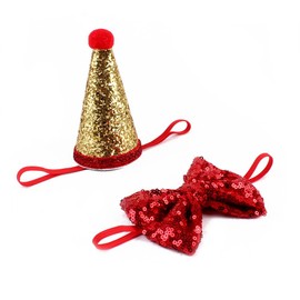 Stock Show Pet Cute Birthday Party Cone Hat and Bow tie Collar Set with Adjustable Headband and Pom-poms Topper for Kitten Puppy Small Dogs Cats Pets