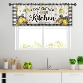 Cinbloo Lemon Valances Kitchen Curtains 52Wx18H Inch Rod Pocket Farmhouse Bow Wood Plank Buffalo Plaid Art Printed Bee Flowers Yellow Fruit Short Small Living Room Bedroom Window Drapes Treatment