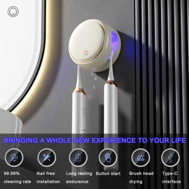 Toothbrush Holders for Bathrooms,Rechargeable Travel Toothbrush Holder,Home Wall Mounted Toothbrush Organizer with 2 Brush Slots,Solar Charging, Smart Drying Toothbrush Cleaner (White)