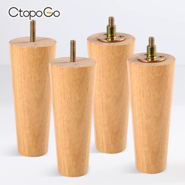 CtopoGo Wooden Solid Wood Round Furniture Legs 6 Inch Set of 4 Mid-Century Modern Sofa Replacement Parts Couch Bed Coffee Chair Desk Table Feet Legs with Pre-Drilled Bolts