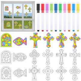 Frienda 36 Pcs Arts Crafts Set Window Suncatchers Bulk Crafts Kit DIY Window Clings Stickers with 10 Markers Gifts for School Home Classroom Activities Decor(Cross Style)
