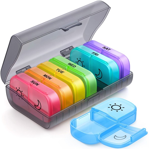 AUVON Extra Large Pill Box Organiser 7 Day 2 Times a Day, Same-Side Open Weekly AM PM Pill Case for Ease of Use, Privacy Protection Tablet Organiser for medications/Vitamins/Supplements/Fish Oils
