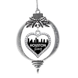 Inspired Silver - Houston Strong - City Skyline - Silver Christmas Ornament - Open Heart Charm Christmas Tree Ornament with Cubic Zirconia - Holiday Hanging Decoration