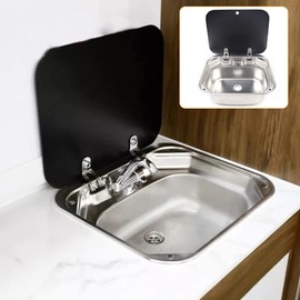 RV Caravan Sink Stainless Steel Wash Basin with Glass Cover and Faucet Single Bowl Sink for Kitchen Bathroom Outdoor Camper, 16.7x14.7x5.9in