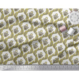 Soimoi Yellow Heavy Satin Fabric Paisley & Ogee Damask Printed Craft Fabric by the metre 54 Inch Wide