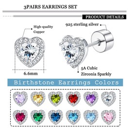 JeryWe 3Pairs 925 Sterling Silver Birthstone Earrings Flat Back for Women Girls Multicolor CZ Heart Butterfly Birthstone Hypoallergenic Stud Earrings for Birthday Gift Birthstone Jewellery(April)