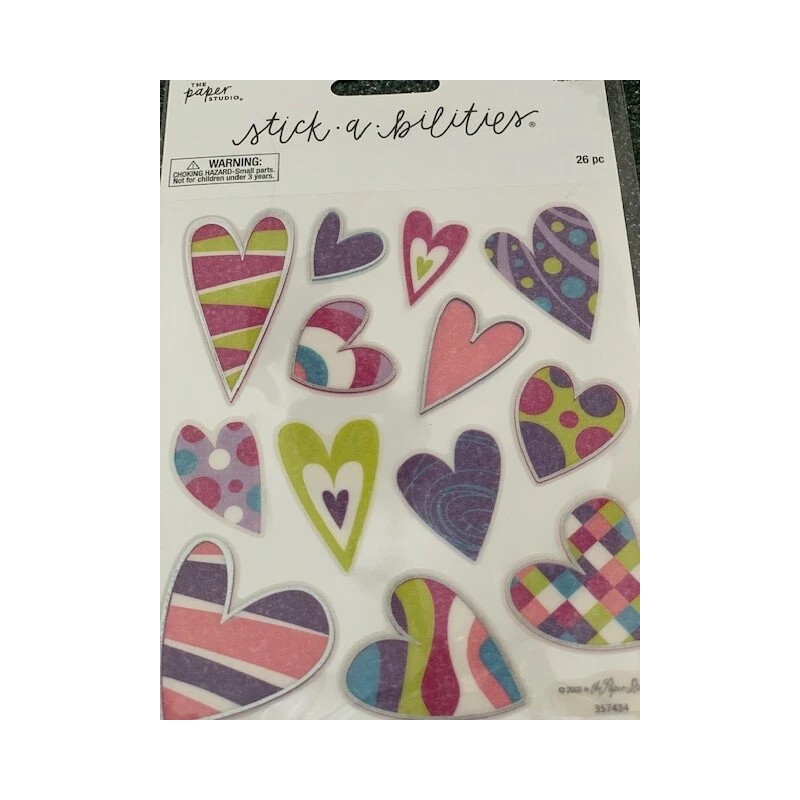 THE PAPER STUDIO STICKABILITIES STICKERS 2 SHEETS MULTI-COLOR HEARTS 26PCS