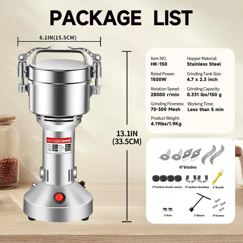 150g Grain Grinder 1500W Electric Spice Grinder High-Speed Stainless Steel