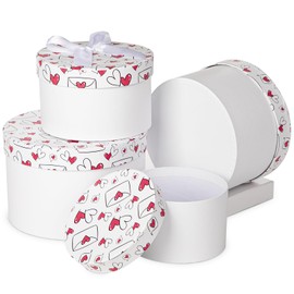 Briful Set of 4 Luxury Round Gift Boxes with Lids - White & Red Gift Box with Ribbon - Nested Cardboard Small Present Box for Birthdays, Weddings, Anniversaries, Christmas, and Valentine's Day