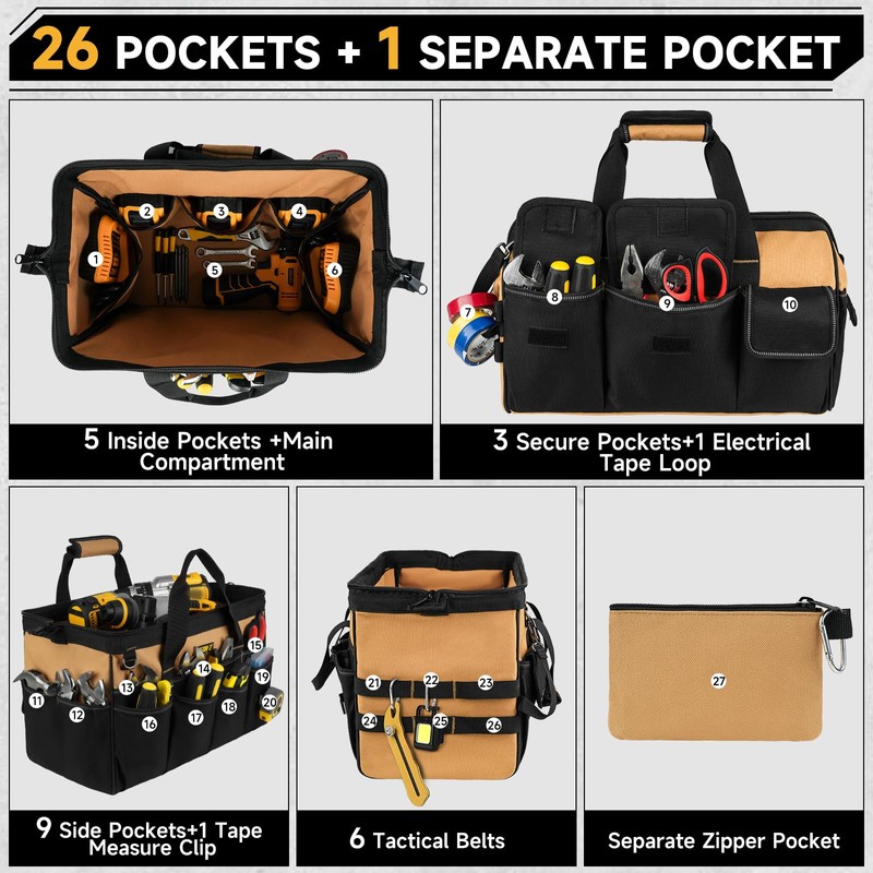 27 Pockets Tool Bags for Men,16-Inch Heavy Duty Tool Bag,Large