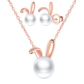 Yumilok Women's Earrings Necklace 925 Sterling Silver with Pendant Pearl Rose Gold Rabbit for Women Mum