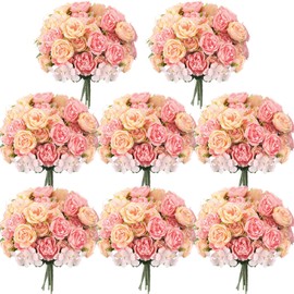 Geosar 8 Bundles Artificial Peonies Flowers Fake Silk Peony Bouquet Faux Peonies Flowers Bulk for Decoration Vase Florals Arrangements Wedding Party Table (Pink,Yellow)