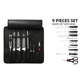 KATISUN Chef Knife Set with Bag, 9 Pieces German Stainless Steel Chef Knives with Portable Knife Roll Storage Bag, Blade Guards, Carving Fork, and Kitchen Shears for Outdoor Camping Travel